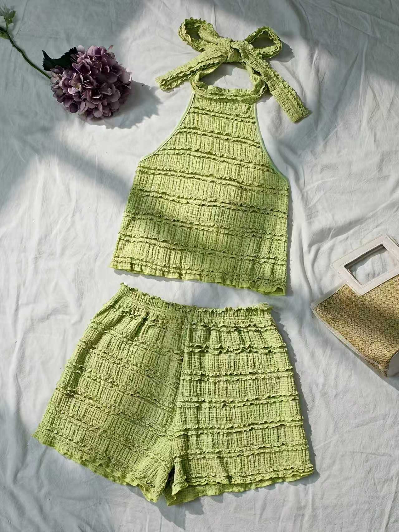 Cami Top Lace - ชุดเสื้อสายเดี่ยวและกางเกงขาสั้นสไตล์ยุโรปและอเมริกาสำหรับวันหยุดฤดูร้อนของผู้หญิง ชุดชุดชายหาดขาสั้นสำหรับผู้หญิง