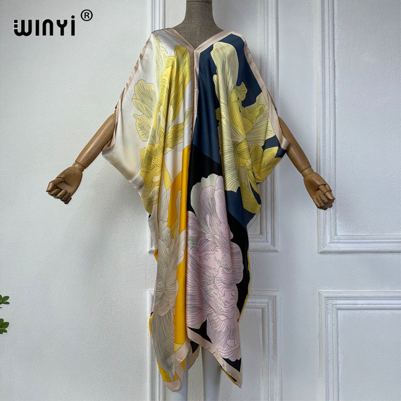Robe Silk Women - Winyi ชุดเดรสคอวีสไตล์แอฟริกันสำหรับฤดูร้อนชุดชายหาดพิมพ์ลายสำหรับผู้หญิงเสื้อคลุมสตรีหลวม2024มุสลิมชายหาดชุดคลุมผ้าไหมสำหรับใส่ตอนเย็น