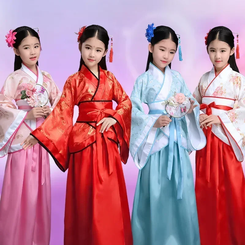 Robe Silk Women - ชุดกิโมโนผ้าไหมจีนสำหรับผู้หญิง ชุดฮันฝูแบบดั้งเดิมสไตล์วินเทจ พร้อมพัดลายชาติพันธุ์ สำหรับนักเรียน นักแสดง หรือการแสดงคณะนักร้องประสานเสียง