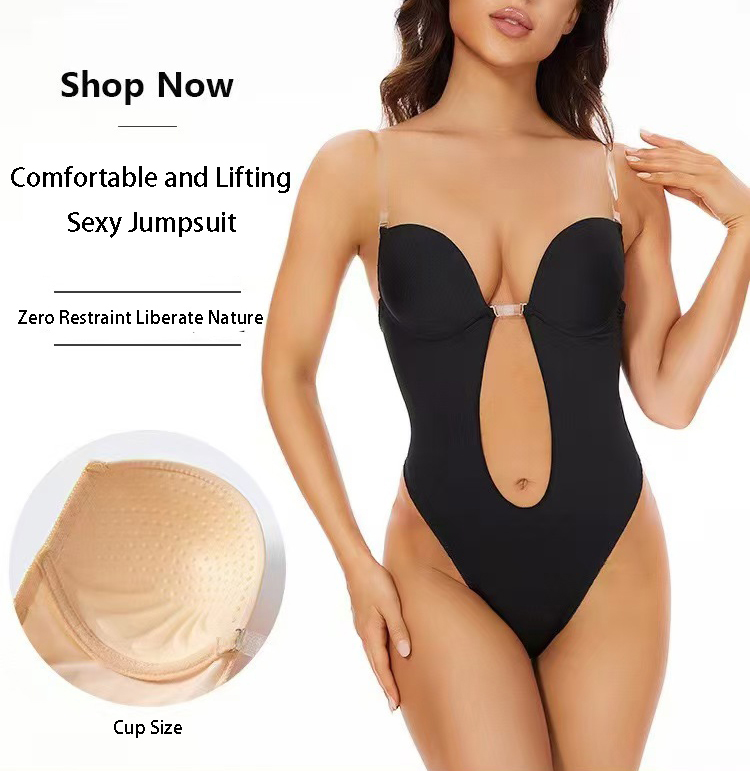 Push Up Bra Padded - บอดี้สูทกระชับสัดส่วนแบบไม่มีสายหลัง กาวกันลื่น คอวีลึก ทรงยูพลังส์ พร้อมกางเกงในในตัว ช่วยยกกระชับหน้าท้องและสัดส่วน