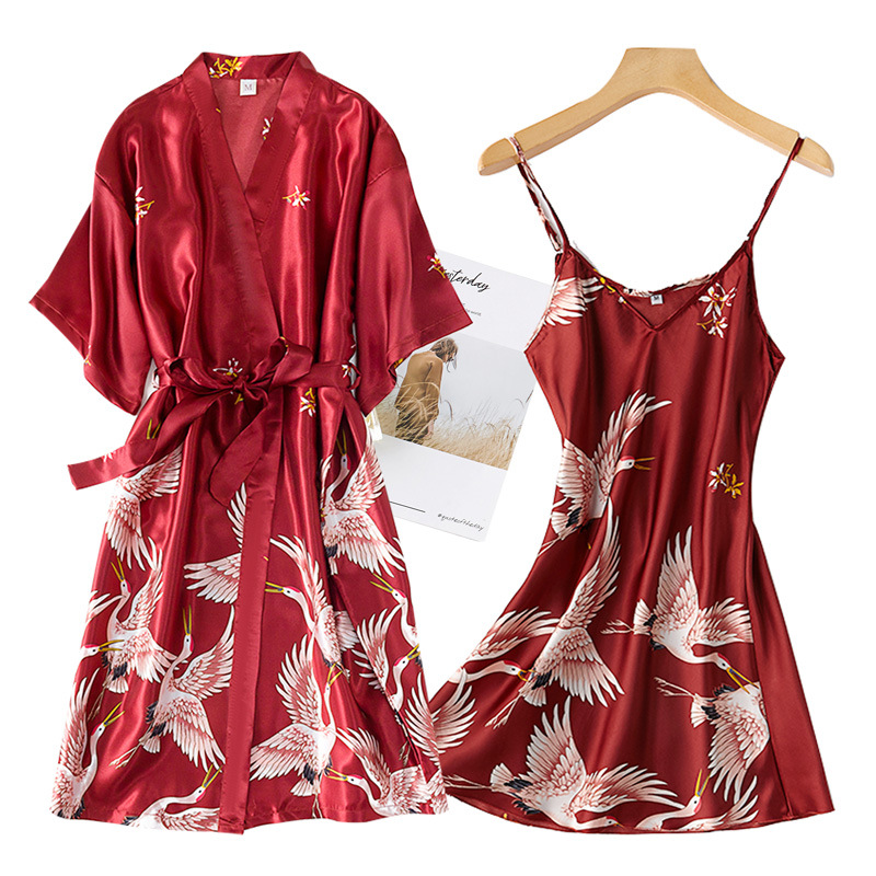 Robe Silk Women - Burgundyผู้หญิง2PCS Fauxผ้าไหมKimono Robeชุดเซ็กซี่พิมพ์Crane Nightdress & ชุดชั้นในNightgownชุดนอนฤดูร้อน